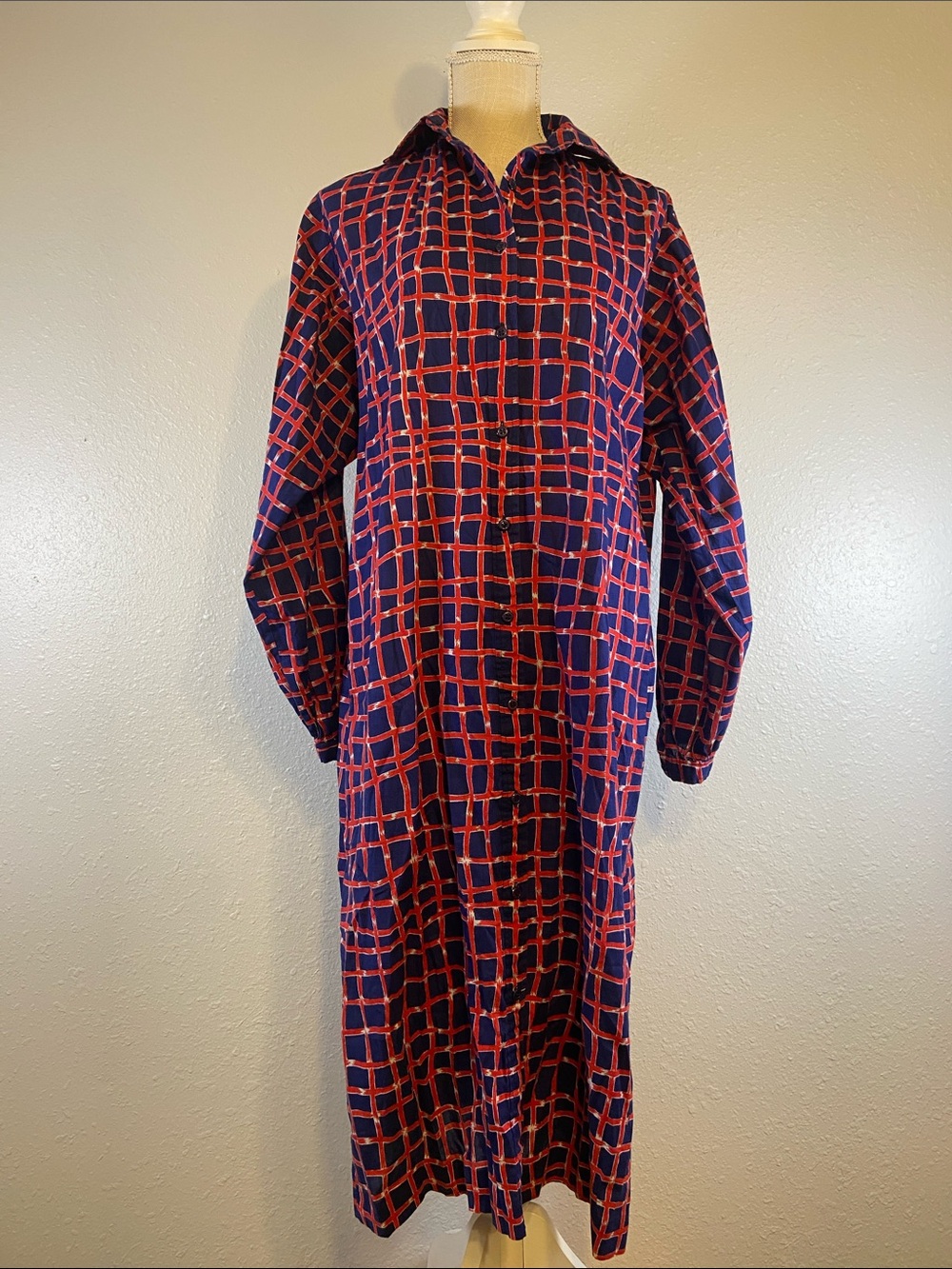 Old School Vintage Librarian Teacher Plaid Long Sleeve Button Up Dress Size 12